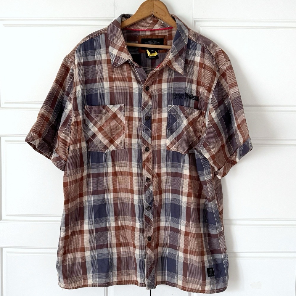 Harley Davidson Plaid Button Up Shirt 2XL Brown Blue Mechanic Short Sleeve Wolf